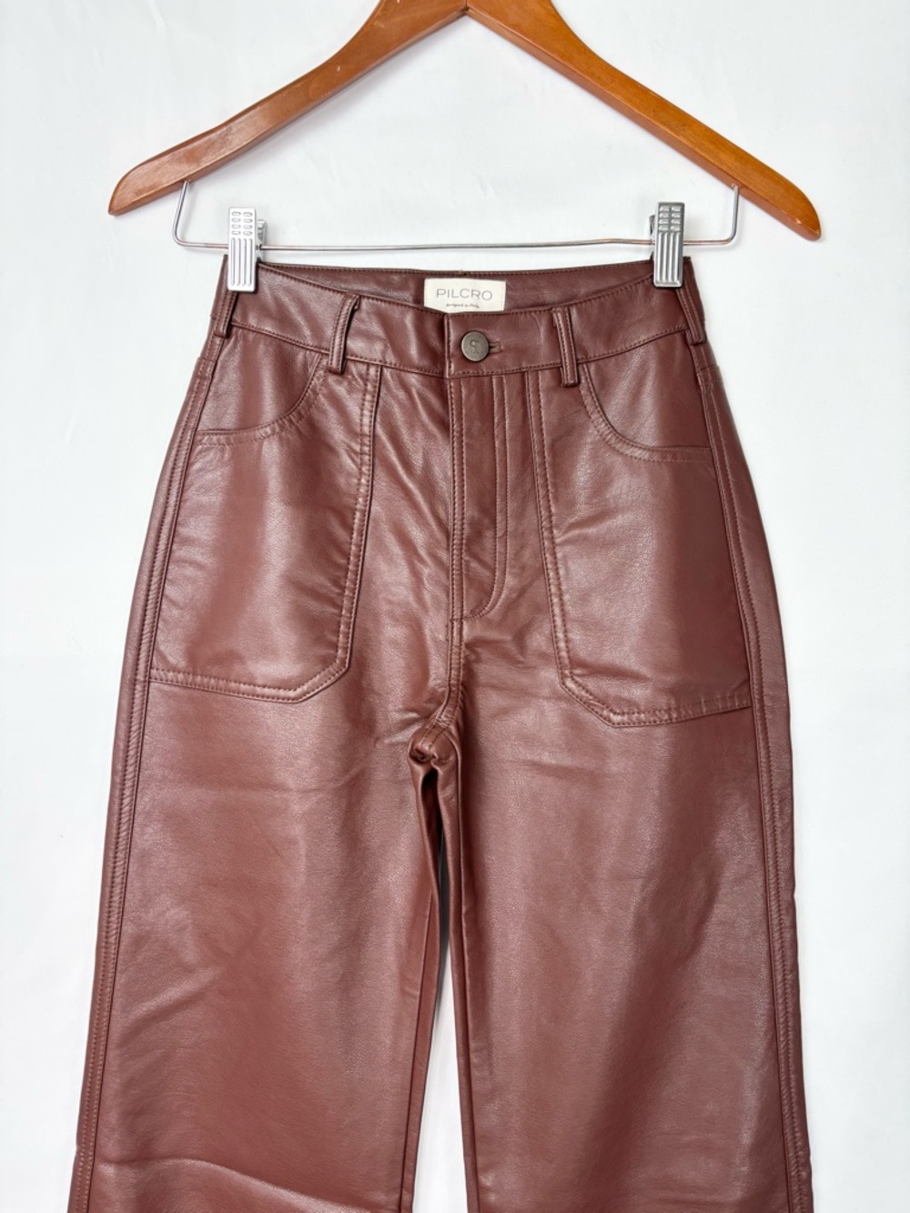 NEW Anthro Pilcro The Rylan Faux Leather Relaxed Flare Pants Cocoa Size 23 Tall - Picture 2 of 6